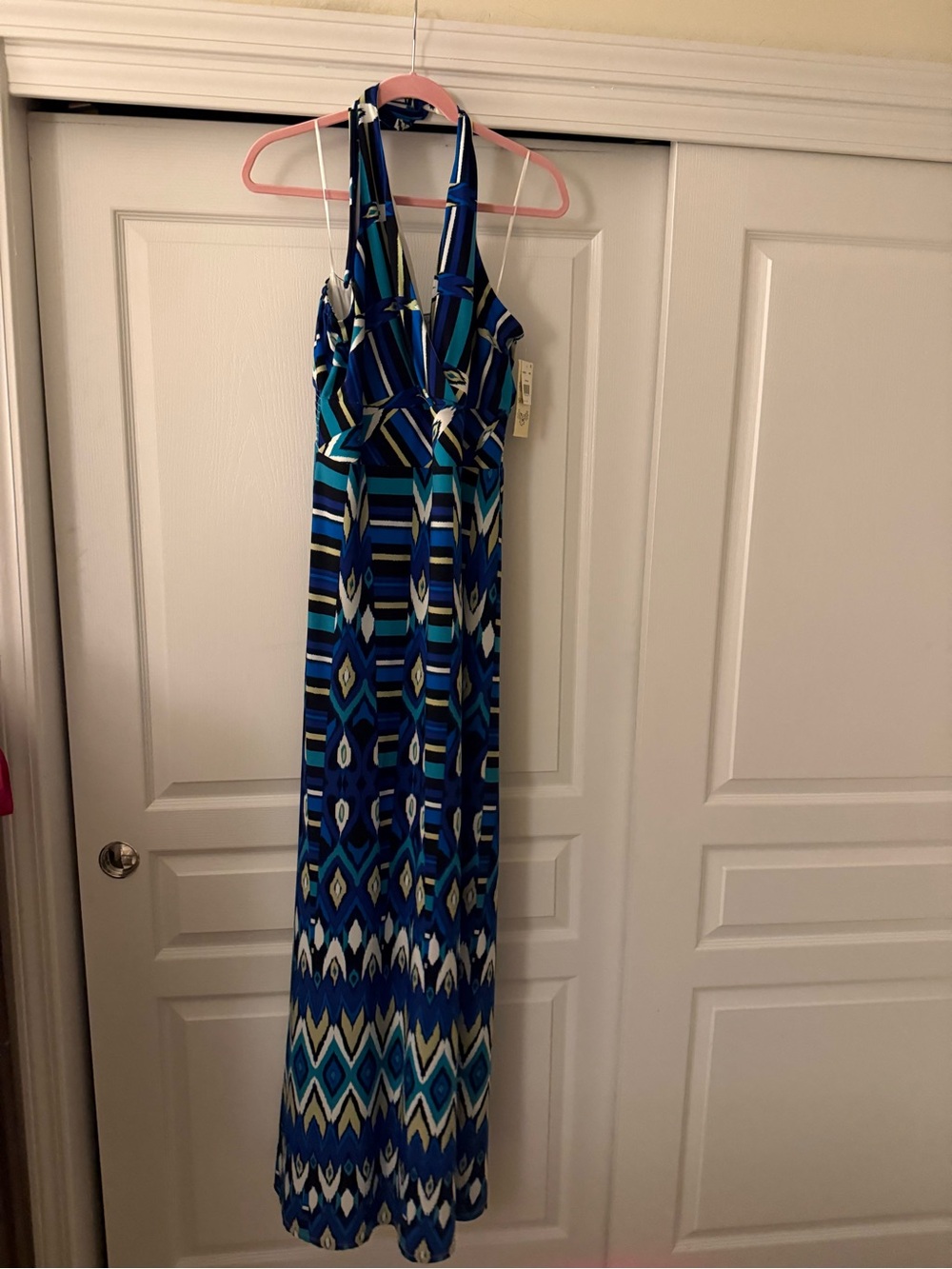 Brand New Sangria Blue Geometric Halter Maxi Dress